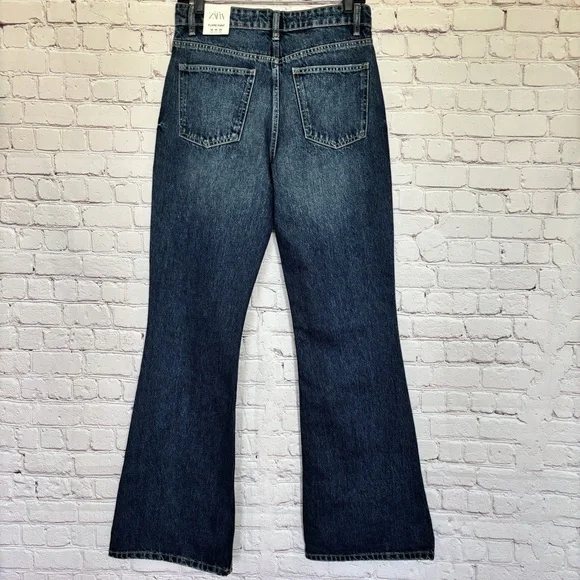 ZARA High Rise Full Length Flare Blue Jeans--6 - Picture 10 of 14